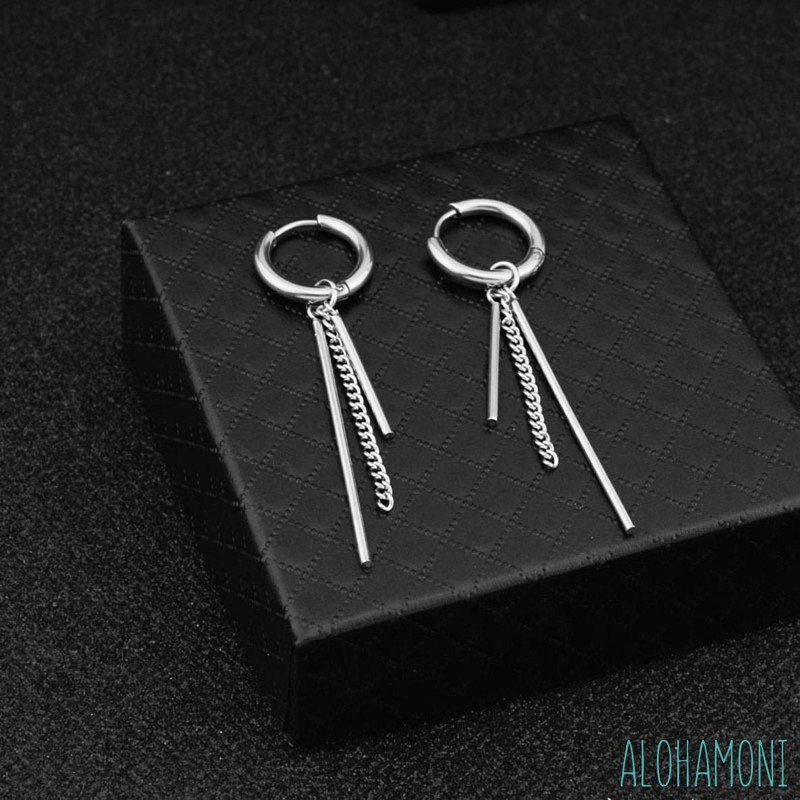 ALOHAMONI BTS Jungkook Hoop Earrings, Rods and Chains, 3-Chain Design,