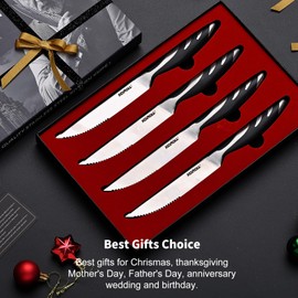 KONOLL Steak Knives Set of 4 Steaks Knife Half Serrated Blade German High Carbon Steel Full Tang Handle