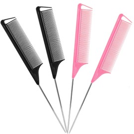 Rat Tail Comb，Parting Comb, Metal Long Steel Pin Rat Tail Combs set，Combs for Hair Stylist，Hair Combs for Women（4Packs,Black|Pink）