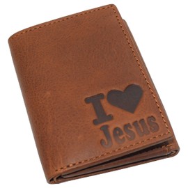 MARSHAL Real Leather Men's RFID Blocking Trifold Wallet with Outside ID Window Logo Gift Wallets for Men (I Love Jesus)