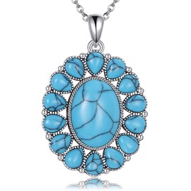 LUANIOL Genuine Turquoise Necklace S925 Sterling Silver Western Natural Turquoise Pendant Necklace Vintage Boho Jewelry For Women Female Gifts