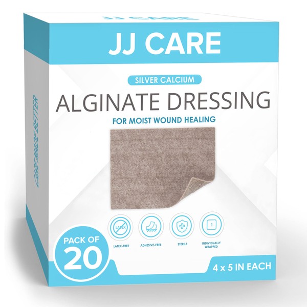 JJ CARE Silver Calcium Alginate Wound Dressing (Pack of 20) 4x5, Calcium Alginate Wound Dressing, Individually Packed Calcium Alginate, Highly Absorbent Silver Wound Dressing