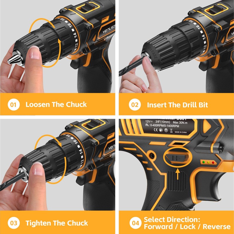 VENUSTEK Cordless Drill Set 12V Power Drill with Battery and