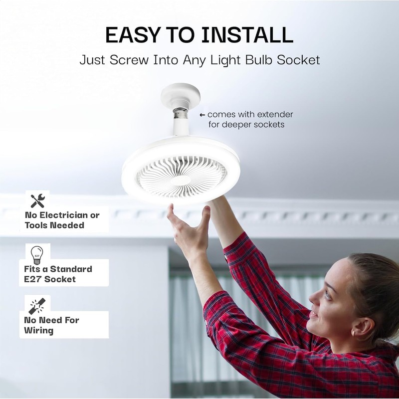 Bell+Howell SocketAir Wireless Ceiling Fan Light with Remote Control, Extender,110-120