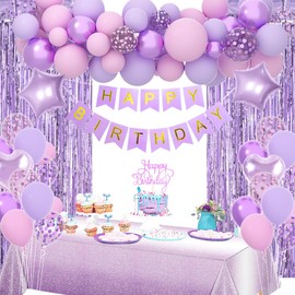 Purple Birthday Decorations - Purple Pink Birthday Decorations for Women Girls, Purple Balloons Happy Birthday Banner Birthday Tablecloth Fringe Curtain for Kids Women Girls Purple Party Decor