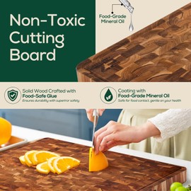 EZ FURNITURE Non-Toxic Teak Large Wood Cutting Board & Serving Board, Pre-Oiled End Grain with Juice Groove and Handles, Knife Friendly, Food Grade Mineral Oil Coating (XL 24" x 18" x 1.5", 16.98 lbs)