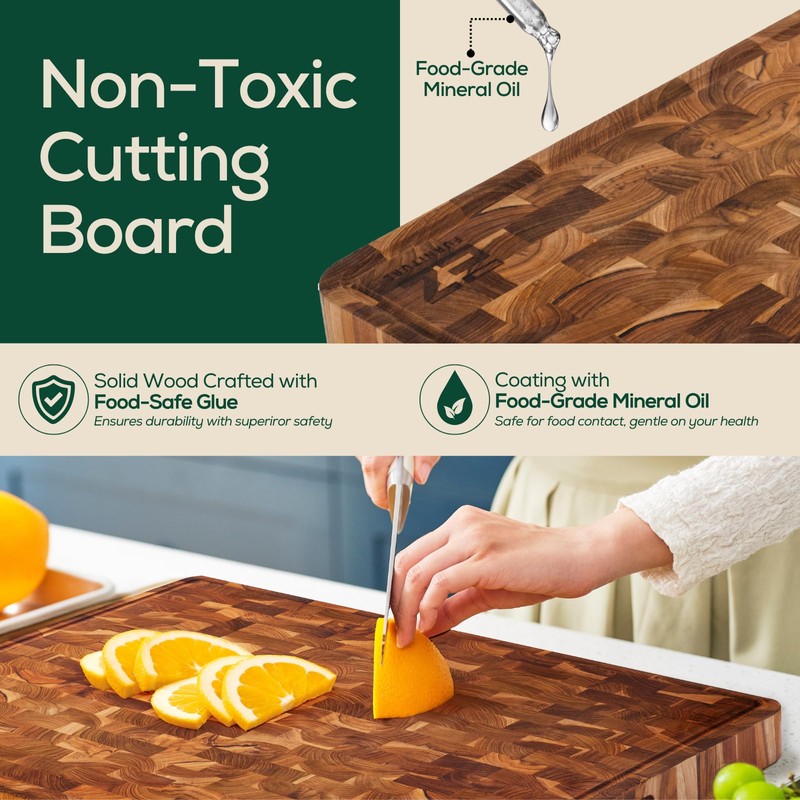 EZ FURNITURE Non-Toxic Teak Large Wood Cutting Board & Serving