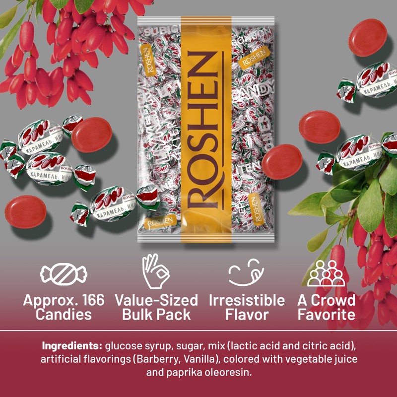 Roshen Hard Candies "Karamelkino" Barberry Kosher and Halal, Delicious, Flavorful
