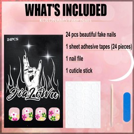 Colorful Flower Press on Nails Short Square Glossy Fake Nails Nude Pink Acrylic Glue on Nails Spring Flower Designs Full Cover False Nails Tips Reusable Floral Artificial Nails for Women Nail Decor