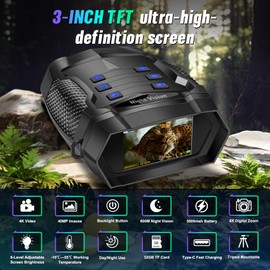 Iridesc Night Vision Goggles & 4K Night Vision Binoculars with 3'' HD Color Display, 5000mAh Fast-Charge Battery & 32GB Storage, 3W 850nm IR Spotlight + Backlit Controls for Hunting/Camping