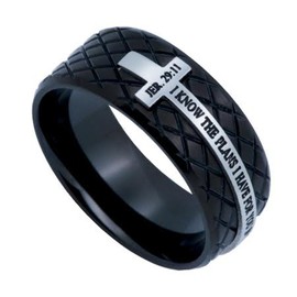 North Arrow Shop Jeremiah 29:11 Black Cross Ring, I Know Bible Verse, Stainless Steel Diamond Pattern (11)