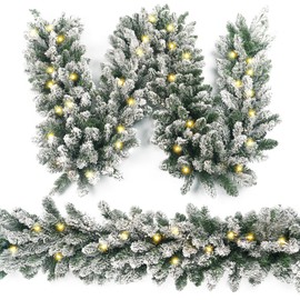 HomeKaren Christmas Garland 9 Ft by 12 Inch Prelit Fraser Fir Xmas Garland with 50 LED Lights, Real Like Lush and Classics Green Style for Indoor Outdoor Home Decoration (Brief-Flocked_Battery)