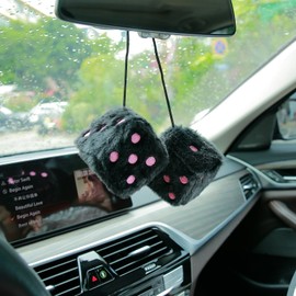 YGMONER White Fuzzy Dice for Car Rear View Mirror, Pair of 2.75" Plush Dice Retro Hanging Ornaments Car Interior Rearview Mirror Decor Accessories (White)