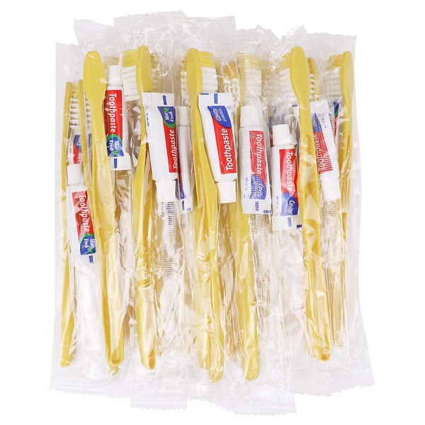 Xuezoioy Disposable Toothbrushes with Toothpaste,300 Pack Yellow Hollow Individually Wrapped Disposable Travel Toothbrushes Kit in Bulk for Homeless,Nursing Home,Hotel,Charity