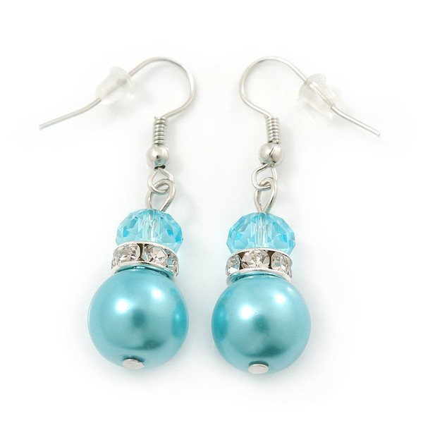 Light Blue Faux Pearl Clear Crystal Drop Earrings In Silver