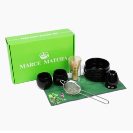 Marce Matcha Whisk Set- Matcha Set includes Matcha Whisk and Bowl (Matcha Bowl with Spout), Matcha Sifter, Matcha Whisk Holder and Matcha Scoop- The Perfect Bamboo Whisk for Matcha Tea (Black)