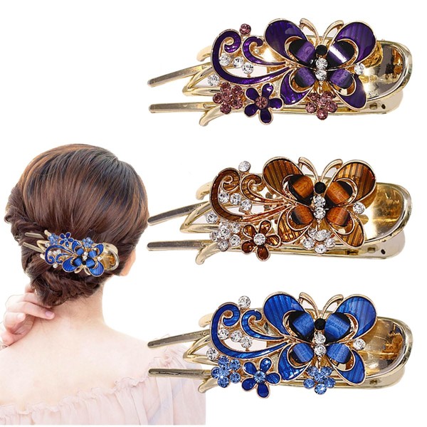 3 PCS Rhinestone Hair Clips Duckbill Flower Butterfly Hair Barrettes, Luxury Fancy Glitter Sparkly Crystals Decorative Flower Hair Claws Clips, Adult Hair Jewelry For Women Crystal Thick Hairpin