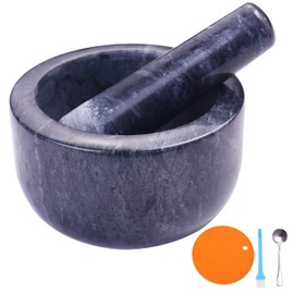 Mortar and Pestle Set Polished Natural Marble Stone Guacamole Molcajete Bowl with Base Silicone Pad,Matching Stainless Spoon and Matching Small Brush (Large, White Gray)