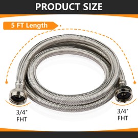 2-Pack HeSun 5 Ft Washing Machine Hose, 3/4" FHT Stainless Steel Washer Hose, for Hot and Cold Water Supply Lines (5 Ft)