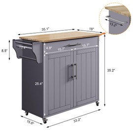 Jarenie Kitchen Island on Wheels, Portable Rolling Kitchen Cart Storage Cabinet with Solid Wood Countertop, Shelf, Spice Rack, Towel Rack and Drawer (#03 Grey)