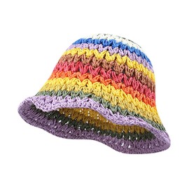 RUNQIU Hand-woven Straw Hat with Colorful Striped Design, Rainbow Sun Hat for Summer Vacation, UPF 50, UV Protection, Perfect as a Photo Tool, Wide Brim Firm Protection for UV Protection, Perfect for