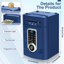 Highttoy Children's Money Box, Electronic Safe with Touchscreen and Fingerprint, ATM Password, Money Box, Piggy Bank, Children's Gifts, Boys 3-12 Years, Dark Blue