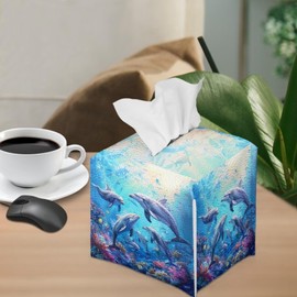 ZFRXIGN Dolphin Tissue Box Cover Square Paper Tissue Holder Napkin Tissues Organizer Home Decor Tissue Case for Bathroom Bedroom Dresser Living Room Office Car Blue Ocean Theme Decor