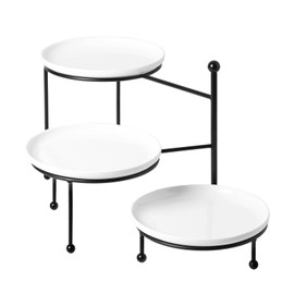 Kanwone 3 Tiered Serving Stand with White Porcelain Plates, Tiered Tray Stand, 8" x 8" Tier Serving Trays with Black Metal Stand for Entertaining, 3 Tier Dessert Stand