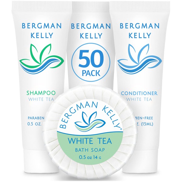 BERGMAN KELLY Round Hotel Soap Bars, Shampoo & Conditioner 3-Piece Set (0.5 oz each, 150 pc, White Tea), Delight Your Guests with Revitalizing & Refreshing Mini Travel Toiletries & Bulk Amenities