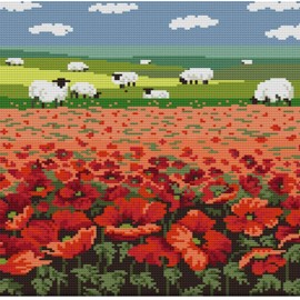 Arione Stamped Cross Stitch Kits for Adults Beginners Pre Printed Stamped Embroidery Tapestry Kit Poppies and Sheep (14 Count Kit) 35 x 35cm