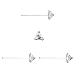 DENI 3 x Silver Straight Bar Nose Stud Triangle Cubic Zirconia Stone Shiny 4mm Thin Bar 0.6mm Sterling Silver, Sterling Silver