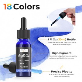 Nicpro 18 Colors Acrylic Ink, 1-oz(30ml) Bottle with Dropper, Quick Dry Permanent Acrylic Drawing Inks For Artist, Essential Color Set For Ink Drawing, Pouring Art, Airbrush, Scrapbooking, Mixed Media
