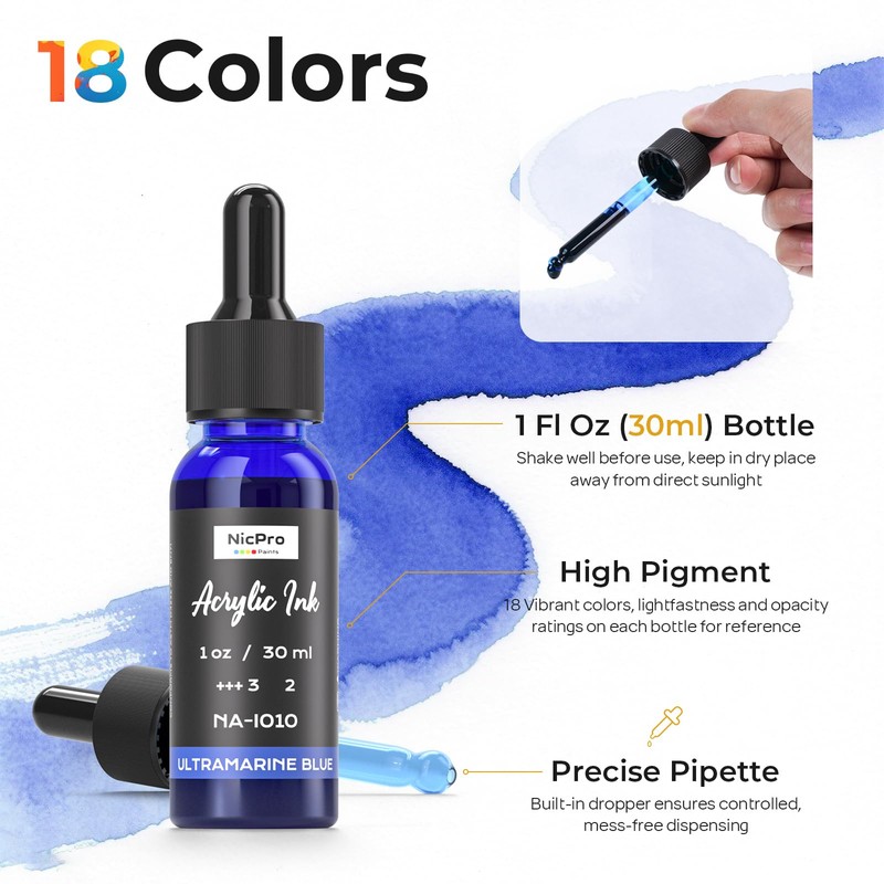 Nicpro 18 Colors Acrylic Ink, 1-oz(30ml) Bottle with Dropper, Quick