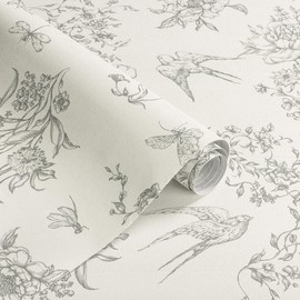 Froluya Floral Birds Peel and Stick Wallpaper Vintage Contact Paper 16.9"x 118.1" Cream White and Gray Wallpaper Peel and Stick Floral Self Adhesive Removable Wall Paper for Bathroom Cabinets Decor
