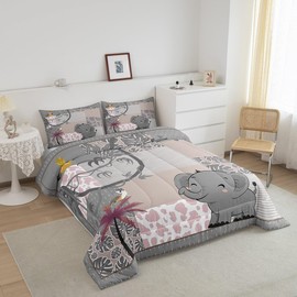 Cute Koala Full Size Comforter Set Koala and Monkey Bedding Set for Kids Adults Teens Rainforest Theme Comforter Luxury Gray Pink Grid Quilt Set Room Decor 3Pcs
