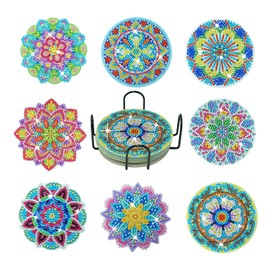 janeunique Pack of 8 Diamond Painting Coasters for Adults, DIY Mandala Coasters, Diamond Cup Coasters with Holder, for Beginners, Adults, Children