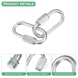 M METERXITY 6-Pack Quick Chain Link Connector, M5 3/16 304 Stainless Steel D-Shape Locking Repair Chain Links for Swing/Camping/Hiking/Backpack, Twist Key Ring Screw Chain Link [Silver]