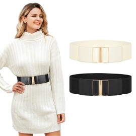 WERFORU 2 Pack Women's Elastic Waist Belts Wide Cinch Waistband Elegant Vintage Stretchy Wide Belt for Dresses Black/Beige