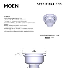 Moen Kitchen Sink Strainer Basket with Drain Assembly, Stainless Steel, 22036