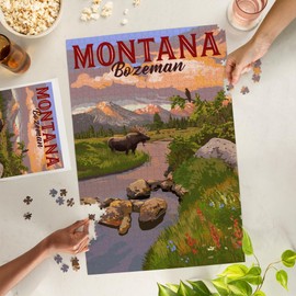 Bozeman, Montana, Moose and Mountain at Sunset (1000 Piece Puzzle, Size 19x27, Challenging Jigsaw Puzzle for Adults and Family, Made in USA)