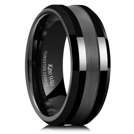 King Will 8mm Men's Tungsten Carbide Wedding Band - Black Finish Wedding Ring, Polished & Brushed Design, Beveled Edges and Brushed Center Groove Comfort Fit Size 8