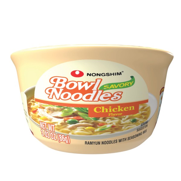 Nongshim Savory Chicken Noodle Soup Instant Ramen, 12 Pack, Microwaveable Bowl Soup Mix, Korean Ramyun with Cabbage & Carrots, Sabor a Pollo