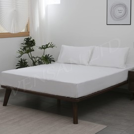 Vensan Fitted Bedding Sheet Size: Double, 100% Cotton Satin, 300 Thread Count, Plain White, 5 Star Hotel Quality.