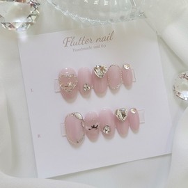 Yeori Pink Heartstone Handmade Nail Tips - Short Oval Mini / 여리핑크 하트스톤 수제네일팁 - 숏오발미니