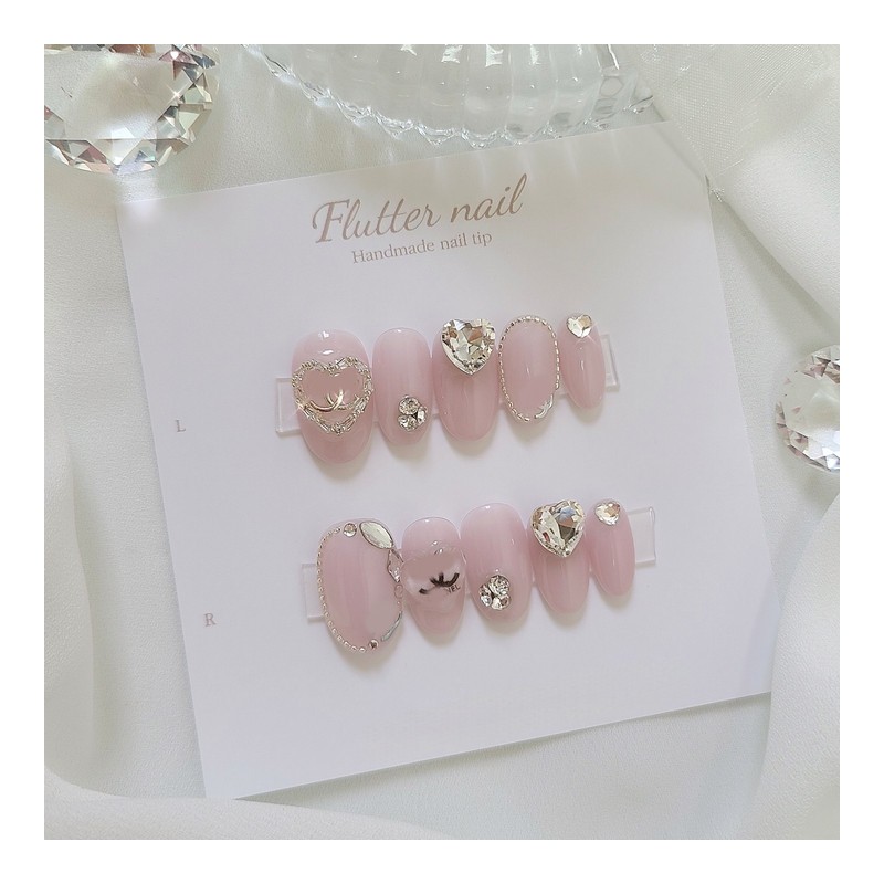 Yeori Pink Heartstone Handmade Nail Tips - Short Oval Mini