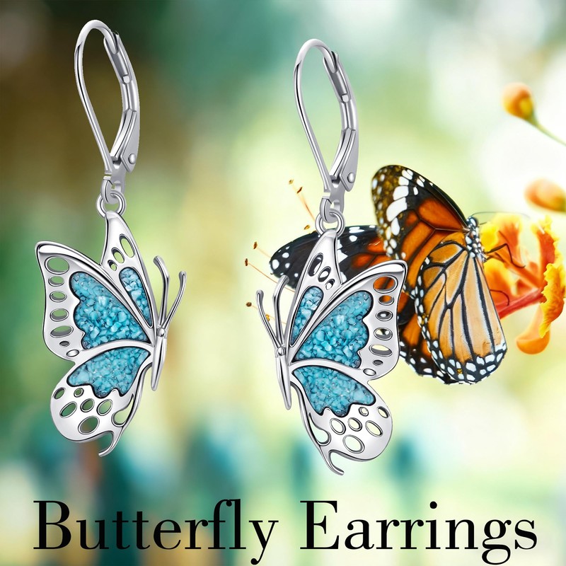 MONGAS Butterfly Earrings Sterling Silver Created Turquoise Drop Dangle Earrings