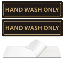 (2 PACK) Hand Wash Only Sign, Self-adhesive Waterproof Aluminum Metal Signs for Door Wall and Sinks (Black/Gold, 7" x 2")