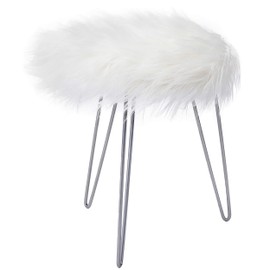 BIRDROCK HOME Round Faux Fur Foot Stool Ottoman - White with Silver Legs - Soft Compact Padded Vanity Seat - Bedroom Kids Room Chair - Hair Pin Metal Legs - Fluffy Makeup Seat
