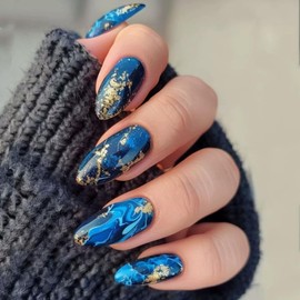 24Pcs Blue Press on Nails Medium Almond Fake Nails with Marble Texture Design Dark Blue Gradient Glue on Nails Glod Foil False Nails Reusable Glossy Full Cover Stick on Nails for Women Girls