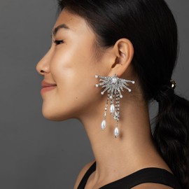 Extra Large Silver Dangle Earrings, HOPMISS Starburst statement Pearl and Crystal chandelier earring, Big Earrings, Illusion Style for Special Occasion and Party Earring, X-Large, Zinc White Gold,